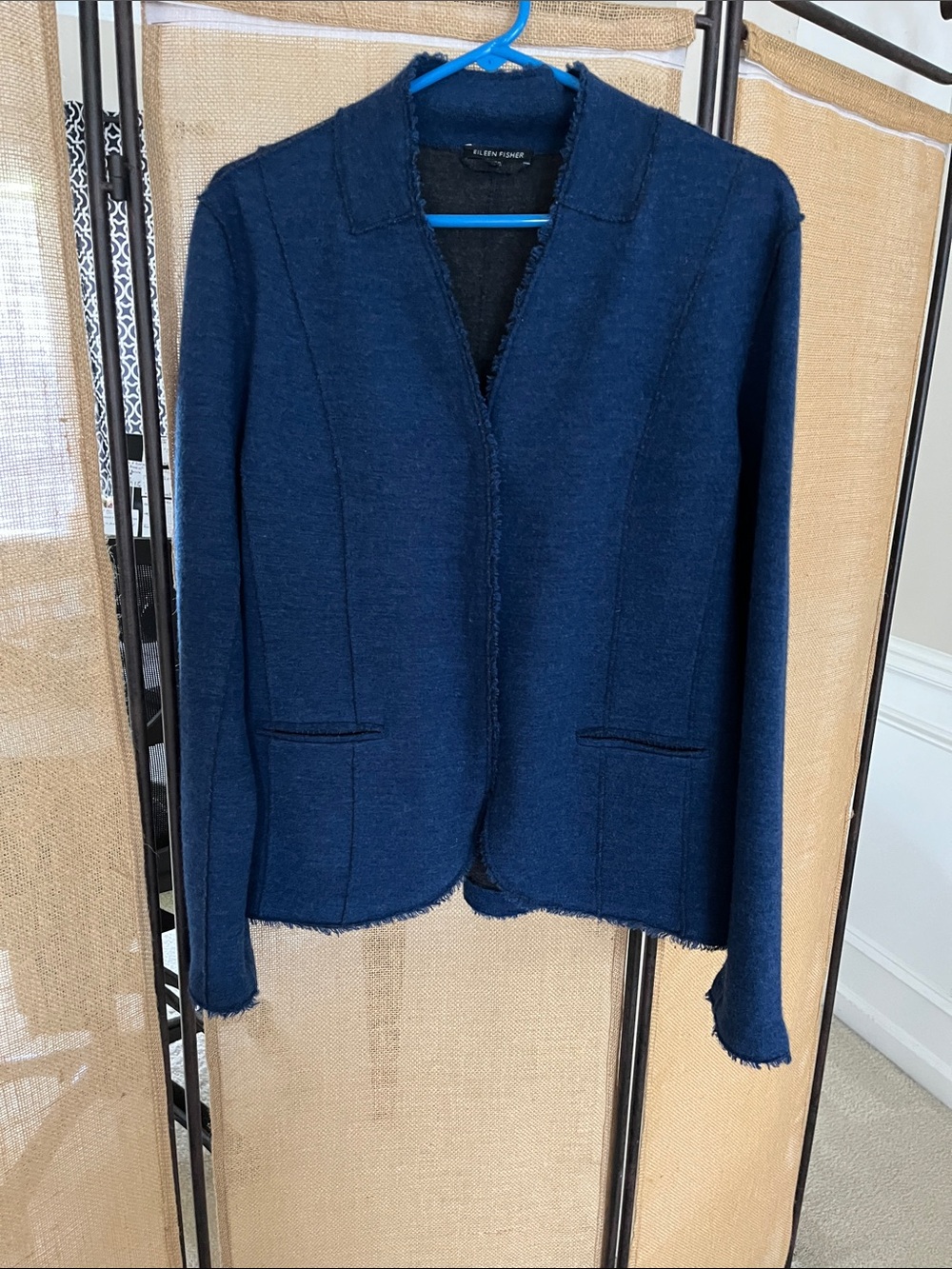 Ellen Tracy Navy Open-Front Fringe-Trim Blazer
